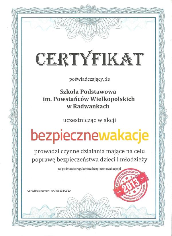 Certyfikat w akcji "Bezpieczne wakacje"