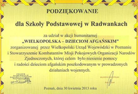 Podziękowanie za udział w akcji humanitarnej "WIELKOPOLSKA - DZIECIOM AFGAŃSKIM"